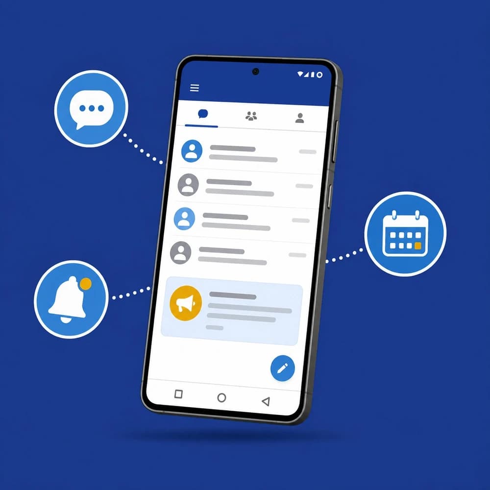 Teléfono con la aplicación IEPPI Conecta, junto a iconos de mensajes, avisos y calendario